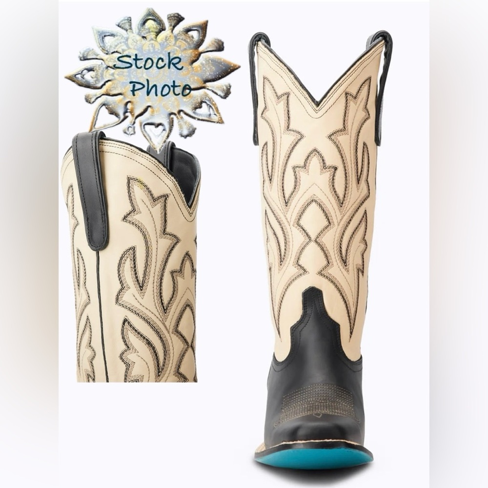 NWT Lane “Saratoga” Square-toe Classic Cowgirl Boots in Black & Pale Ivory Sz 6